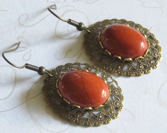 Brecciated Red Jasper & Antique Brass Filigree  Earrings Pierced Dangle Handmade
