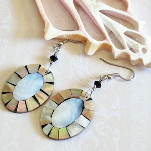Black & White Oval Mother of Pearl Inlay Shell Earrings Pierced Dangle Handmade