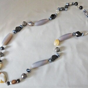Gray Agate, Black and Brown Fire Agate, Crystal and Black Glass Bead Necklace Long Handmade