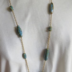 Blue Ceramic and Antique Gold Chain Long Rope Necklace Handmade