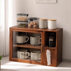 Desktop Storage Cabinet Organizer with Door – Mug, Tissue, Coffee & Condiment Holder for Home, Kitchen, Bathroom, or Countertop