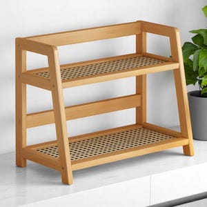 2-Tier Rattan Style Desktop Organizer with Cup Holder – Double Layer Storage Rack for Kitchen, Dorm, or Office
