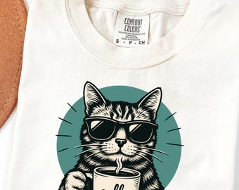 Comfort Colors Cat T-Shirt: Coffee Lover Design, Relaxed Unisex Tee