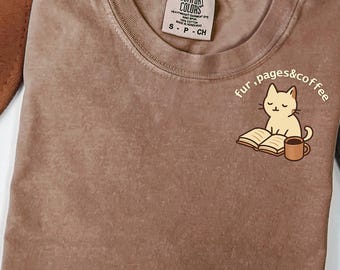 Fur Pages & Coffee Cat Graphic Tee: Comfort Colors Vintage T-Shirt