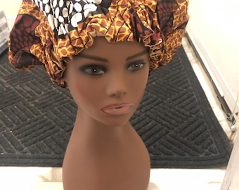 African Print Satin-Lined Hair Bonnet | Reversible Ankara Sleep Cap | Jumbo Natural Hair Bonnet | Protective Satin Bonnet for Braids, Locs
