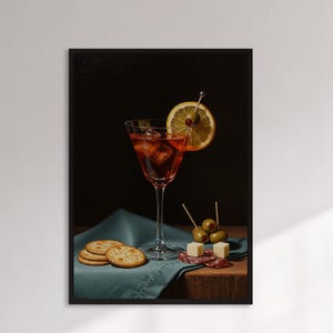 Gerahmtes Cocktail Stillleben Wand Kunst Druck, Vintage Bar Drink mit Oliven Poster, Klassische Charcuterie Malerei, Elegantes Geschenk für Zuhause oder als Bar