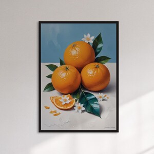 Framed Orange Fruit Art Print, Fresh Citrus Still Life Poster With Blossoms And Green Leaves, Kitchen Wall Decor For Summer Home Or Gift
