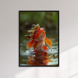 Framed Funny Frog And Goldfish Wall Art Print, Whimsical Animal Water Poster, Cute Nature Decor For Kids Room Or Gift For Animal Lovers