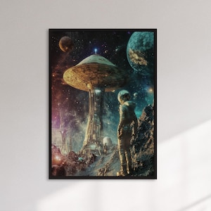 Framed Astronaut Sci Fi Base Art Print, Futuristic Space Colony Poster, Cosmic Galaxy Wall Decor Gift For Gamers Or Outer Space Dreamers
