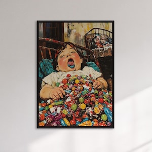 Framed Funny Candy Overload Kid Art Print, Whimsical Child Illustration Wall Poster, Colorful Sweet Tooth Decor Gift For Playroom Or Nursery