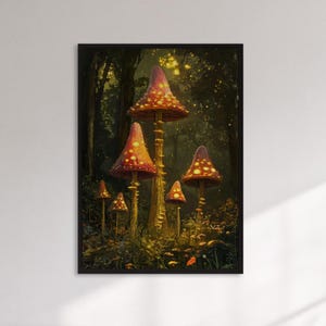 Gerahmte verzauberte Pilzwald Wandkunst, leuchtend roter Fliegenpilz Poster für Cottagecore Dekor, wunderliches Natur Geschenk für verträumte Räume