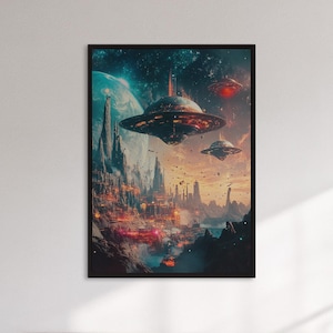 Framed Sci Fi Spaceship City Art Print, Futuristic Alien Planet Wall Poster, Cosmic Space Decor Gift For Gamers Or Sci Fi Movie Lovers