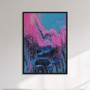 Framed Abstract Neon Landscape Art Print, Surreal Pink And Blue Poster, Psychedelic Dream Wall Decor Gift For Modern Or Eclectic Spaces
