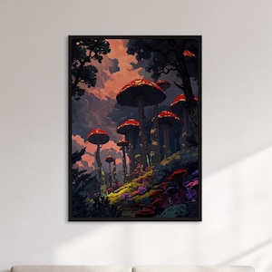 Framed Mushroom Forest Wall Art, Surreal Fantasy Landscape Print, Dark Cottagecore Decor Poster Gift For Nature Dreamers Or Fairy Tale Fans