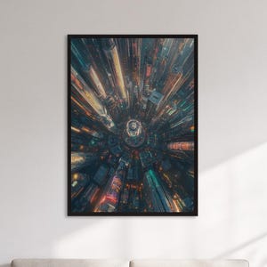 Futuristic Framed City Vortex Wall Art Print, Cyberpunk Skyline Poster, Sci Fi Neon Urban Decor Gift For Digital Art And Tech Lovers