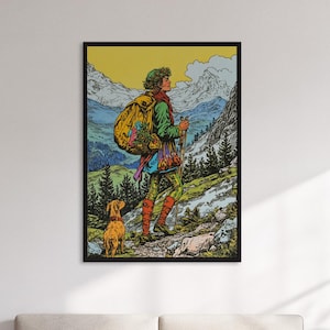 Framed Hiking Man Wall Art Print, Retro Adventure Poster With Dog, Mountain Nature Decor Gift For Camper, Trekking Lover Or Rustic Lodge