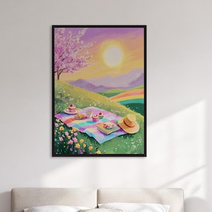 Framed Spring Picnic Wall Art Print, Whimsical Meadow Landscape Poster, Colorful Pastel Nature Illustration, Cheerful Gift For Home Or Kids