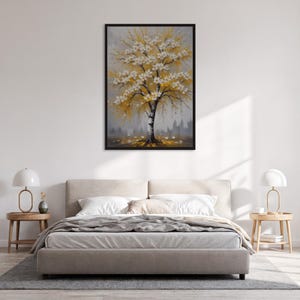 Gerahmter Blühender Baum Wandkunstdruck, gelb-weißes Blumenlandschaftsplakat, ruhige Naturillustration für Schlafzimmer oder modernes minimales Dekor