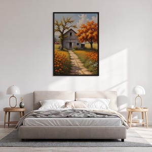Framed Autumn Country Path Art Print, Rustic Barn Wall Poster With Flowers And Trees, Fall Farmhouse Decor For Nursery Or Cozy Room