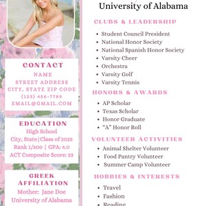 May include: A pink and white resume template featuring a photo of a smiling woman. The resume includes contact information, education details, Greek affiliation, clubs, honors, volunteer activities, and hobbies.
