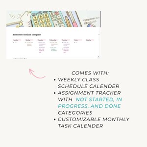 Pu&ograve; includere: Un modello digitale di programma semestrale con una griglia di calendario settimanale, una calcolatrice e un coniglio dei cartoni animati. Il testo include: COMES WITH: WEEKLY CLASS SCHEDULE CALENDER, ASSIGNMENT TRACKER WITH NOT STARTED, IN PROGRESS, AND DONE CATEGORIES, CUSTOMIZABLE MONTHLY TASK CALENDER.