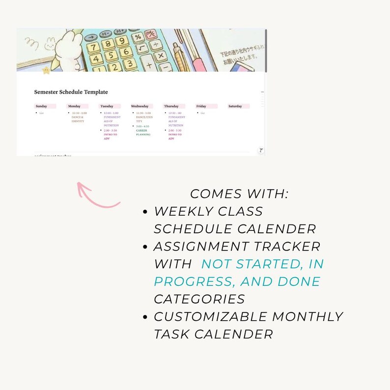 Pu&ograve; includere: Un modello digitale di programma semestrale con una griglia di calendario settimanale, una calcolatrice e un coniglio dei cartoni animati. Il testo include: COMES WITH: WEEKLY CLASS SCHEDULE CALENDER, ASSIGNMENT TRACKER WITH NOT STARTED, IN PROGRESS, AND DONE CATEGORIES, CUSTOMIZABLE MONTHLY TASK CALENDER.