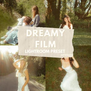 Puede incluir: Un collage con estética vintage. En el centro, un papel rasgado muestra las palabras "DREAMY FILM LIGHTROOM PRESET". Las imágenes circundantes muestran personas en entornos naturales, bañadas en una luz suave y cálida, evocando una sensación de ensueño y nostalgia.