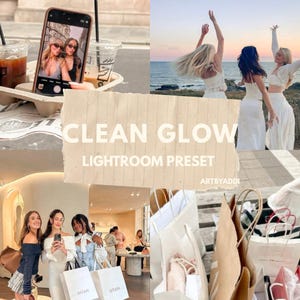 May include: A collage featuring a phone displaying a photo, women, shopping bags, and the text "CLEAN GLOW LIGHTROOM PRESET". The image has a warm, neutral color palette, suggesting a lifestyle or photography theme. The overall aesthetic is modern and stylish.