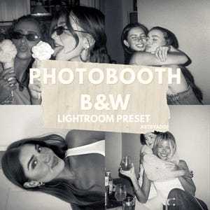 May include: Black and white image collage featuring four photos of young people. The photos show people hugging, eating ice cream, and smiling. The text "Photobooth B&W Lightroom Preset" is overlaid on the image.