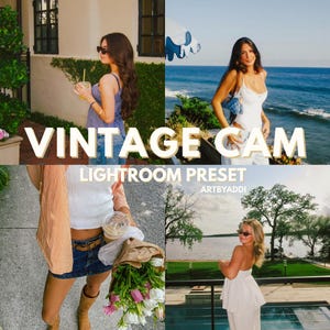 Könnte beinhalten: Eine digitale Produktwerbung mit dem Titel VINTAGE CAM LIGHTROOM PRESET ARTBYADDI, die vier separate Fotos von Personen in verschiedenen Außenbereichen zeigt, darunter ein Strand, eine Terrasse und ein Seeufer, um Fotobearbeitungseffekte zu präsentieren.