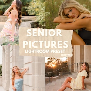 Puede incluir: Un collage con cuatro fotografías de jóvenes en entornos al aire libre. El texto "SENIOR PICTURES LIGHTROOM PRESET" está superpuesto sobre un fondo de papel rasgado. Las imágenes muestran varias poses y atuendos.