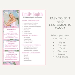 K&ouml;nnte beinhalten: Eine Lebenslaufvorlage mit Foto, Kontaktdaten, Ausbildung und Aktivit&auml;ten. Das Design hat ein rosa und florales Thema mit dem Text "Emily Smith" und "University of Alabama" oben. Der Text "Einfach zu bearbeiten und anzupassen in Canva" ist ebenfalls enthalten.