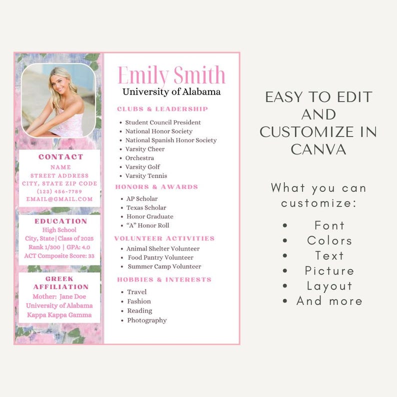 K&ouml;nnte beinhalten: Eine Lebenslaufvorlage mit Foto, Kontaktdaten, Ausbildung und Aktivit&auml;ten. Das Design hat ein rosa und florales Thema mit dem Text "Emily Smith" und "University of Alabama" oben. Der Text "Einfach zu bearbeiten und anzupassen in Canva" ist ebenfalls enthalten.