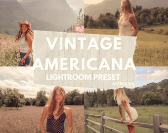 Könnte beinhalten: Eine Collage mit vier Bildern im Vintage-Stil. Der Text "VINTAGE AMERICANA LIGHTROOM PRESET" wird auf einem zerrissenen Papierhintergrund angezeigt. Die Bilder zeigen Frauen in Feldern und Bergen und evozieren ein nostalgisches, rustikales Thema.