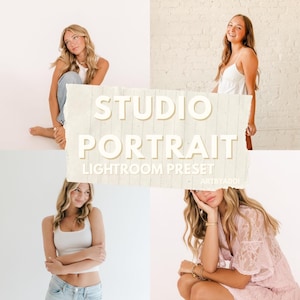 May include: A collage featuring four images of women in various poses. The text "STUDIO PORTRAIT LIGHTROOM PRESET" is overlaid on the images. The images have a soft, warm color palette, suggesting a photography preset.