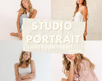 May include: A collage featuring four images of women in various poses. The text "STUDIO PORTRAIT LIGHTROOM PRESET" is overlaid on the images. The images have a soft, warm color palette, suggesting a photography preset.