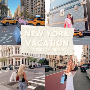 May include: A collage of four images featuring scenes from New York City. The central image displays the text "NEW YORK VACATION LIGHTROOM PRESET." The photos show city streets, yellow taxis, and people shopping.