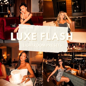 May include: A promotional image with four photographs of women in different settings. The text "LUXE FLASH LIGHTROOM PRESETS" is displayed across the images. The photographs depict a luxurious lifestyle, with women in stylish outfits.
