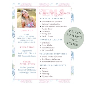 Sorority Rush Resume Template with Photo & Cover Letter | Monogram Loveshack Fancy Inspired