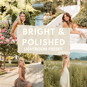Puede incluir: Un collage con cuatro imágenes de mujeres en entornos al aire libre. El texto "BRIGHT & POLISHED LIGHTROOM PRESET" está superpuesto. Las imágenes tienen una estética brillante y pulida, con el nombre del artista.