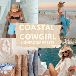 Puede incluir: Un collage con el tema "Coastal Cowgirl". La imagen incluye a una mujer con un sombrero de vaquero de paja, traje de baño y pantalones cortos azules. Otras imágenes muestran botas de vaquero, un sombrero blanco y una mujer con jeans y camisa blanca.