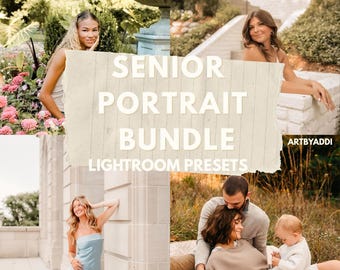May include: A digital collage of four photographs featuring individuals in outdoor settings, overlaid with a textured paper graphic containing the white text SENIOR PORTRAIT BUNDLE LIGHTROOM PRESETS and the brand name ARTYADDI in the corner.