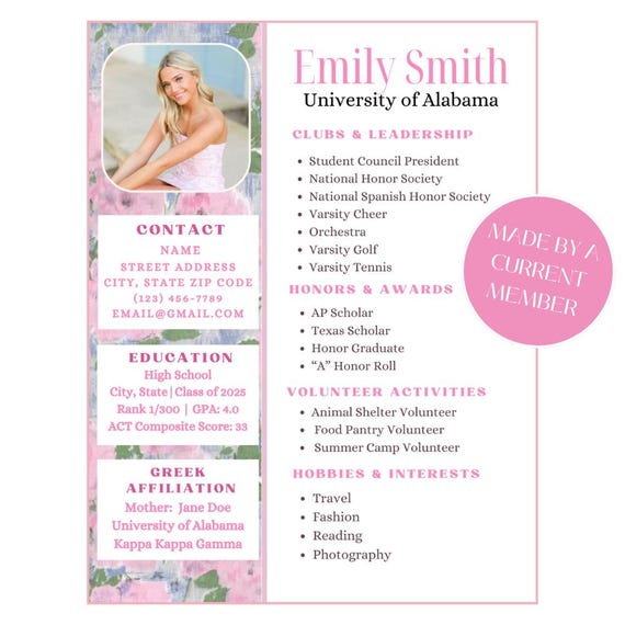Sorority Resume Template with Photo | Monogram Loveshack Fancy Pink & Purple Rush Resume Template Canva