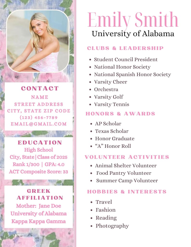 May include: A pink and white resume template featuring a photo of a smiling woman. The resume includes contact information, education details, Greek affiliation, clubs, honors, volunteer activities, and hobbies.
