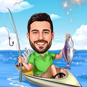 Ritratto di pescatore personalizzato: caricatura regalo personalizzata (download digitale A4)