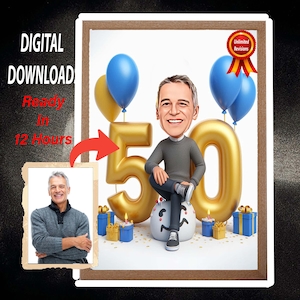 Personalisiertes 50er Jahre Cartoon Portrait | 50er Geburtstag Karikatur | Geburtstag Cartoon | Personalisierte Geburtstagsgeschenk | Geburtstag des Mannes | Lustiges Geschenk