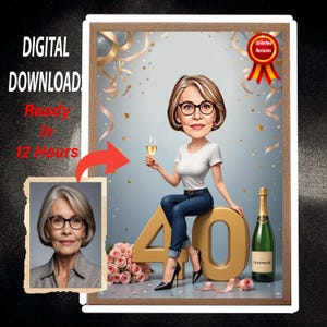 Benutzerdefinierte 40. Geburtstag Karikatur für Frauen | Personalisiertes Cartoon Portrait vom Foto | Lustiges Geschenk zum 40. Geburtstag | "Unikat Party Überraschung"