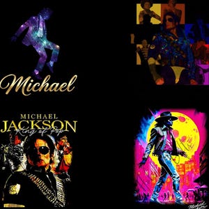 May include: A collage of images featuring Michael Jackson. One image shows a silhouette filled with a galaxy design, another shows a colorful portrait, and two others feature Jackson in performance attire. The word "Michael" is written in gold script.