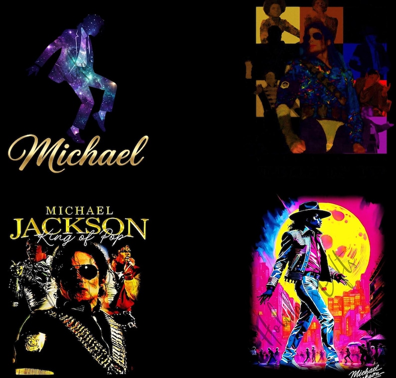 May include: A collage of images featuring Michael Jackson. One image shows a silhouette filled with a galaxy design, another shows a colorful portrait, and two others feature Jackson in performance attire. The word "Michael" is written in gold script.