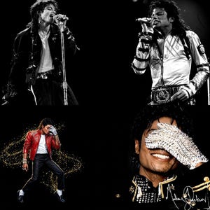 May include: A collage of four images of Michael Jackson. Two images are in black and white, showing him performing on stage. The other two images are in color, one with a red jacket and the other with a sequined glove. The background is black.